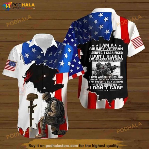 Memorial Day American Flag I Am A Grumpy Veteran I Seved I Sacrificed I Don’t Regret Funny Hawaiian Shirt