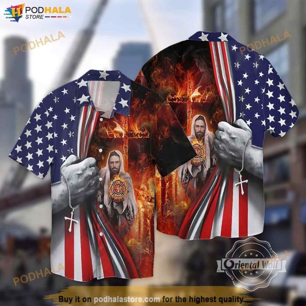 Memorial Day Firefighter American Flag Jesus Funny Hawaiian Shirt