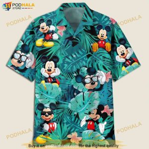 Mickey Mouse Flowers And Leaves Hawaiian Shirt