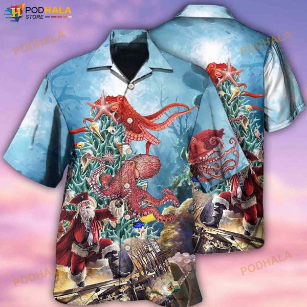 Octopus And Santa Merry Chrismas 3D Funny Hawaiian Shirt