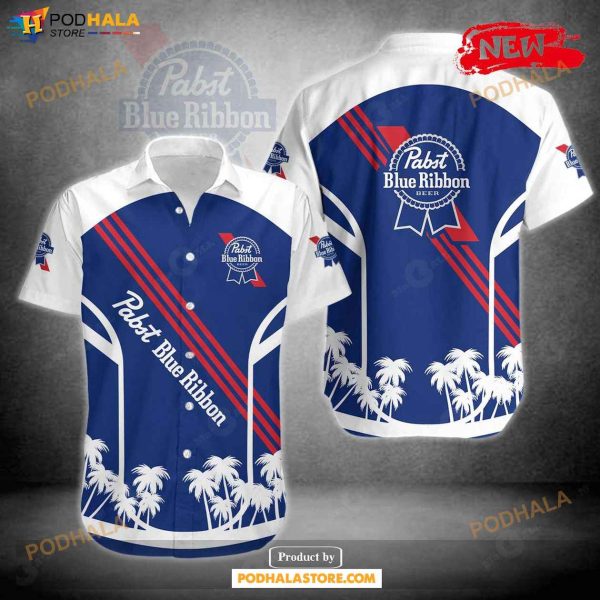 Pabst Blue Ribbon Tropical Palm Tree Dark Blue Design Hawaiian Shirt