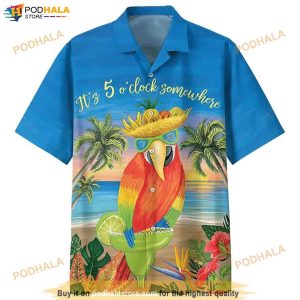 Parrot It’s 5 O’clock Somewhere Tropical Print Funny Hawaiian Shirt