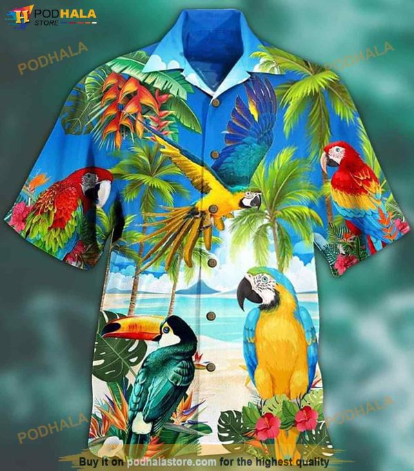 Parrot Tropical Flowers Print Funny Hawaiian Shirt