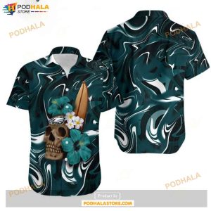 Philadelphia Eagles Skull And Hibiscus Flower NFL Gift For Fan Hawaiian Shirt