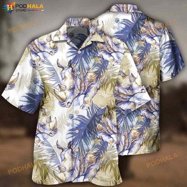 Rhino Art Tropical Leaf Style 3D Funny Hawaiian Shirt