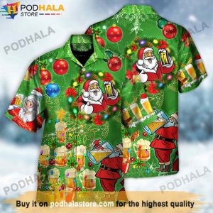 Santa Drinking Beer Green Beer Hawaiian Shirt