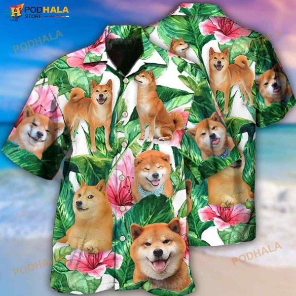 Shiba Inu Tropical Leaf Floral Style 3D Funny Hawaiian Shirt