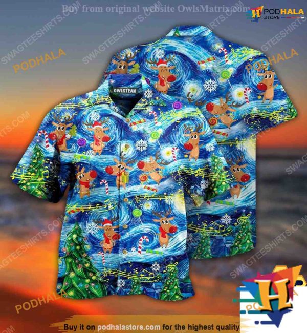 Starry Night & Reindeer Aloha Shirt Christmas Shirt