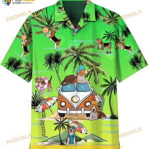 Summer Beagle Dog Beach Green Hawaiian Shirt