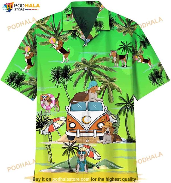 Summer Beagle Dog Beach Green Hawaiian Shirt