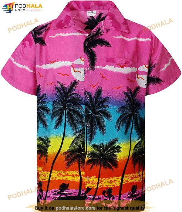 Tropical Beach Palm Sunset Pink Unisex Hawaiian Shirt