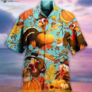 Turkey And Pumpkin Print Hawaiian Shirt