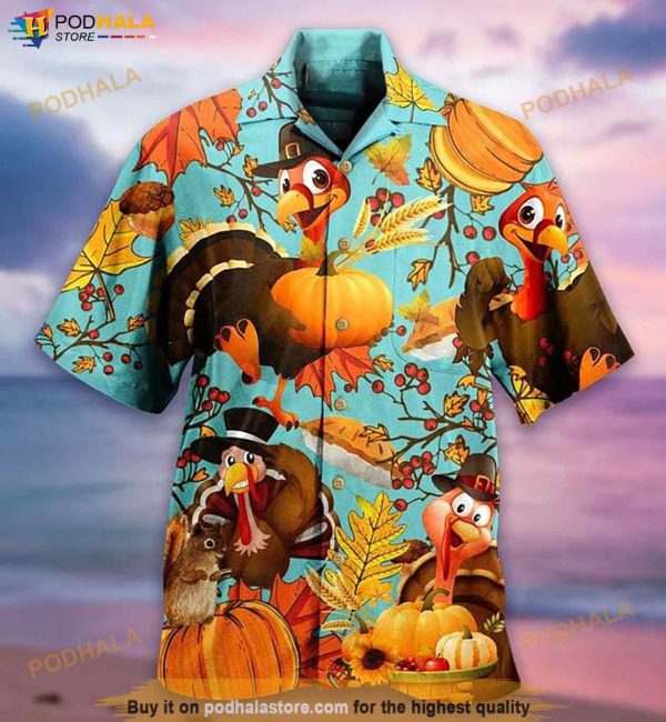 Turkey And Pumpkin Print Hawaiian Shirt